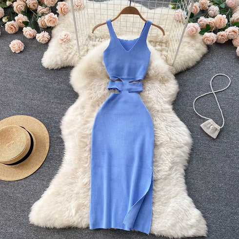 Elegant Summer Bodycon Dress with Cut Out Waist and Split Design for Women